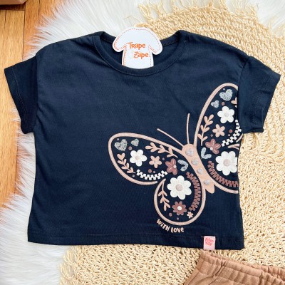 Conj. Blusa Borboleta e Short em Moletinho - Preto e Marrom
